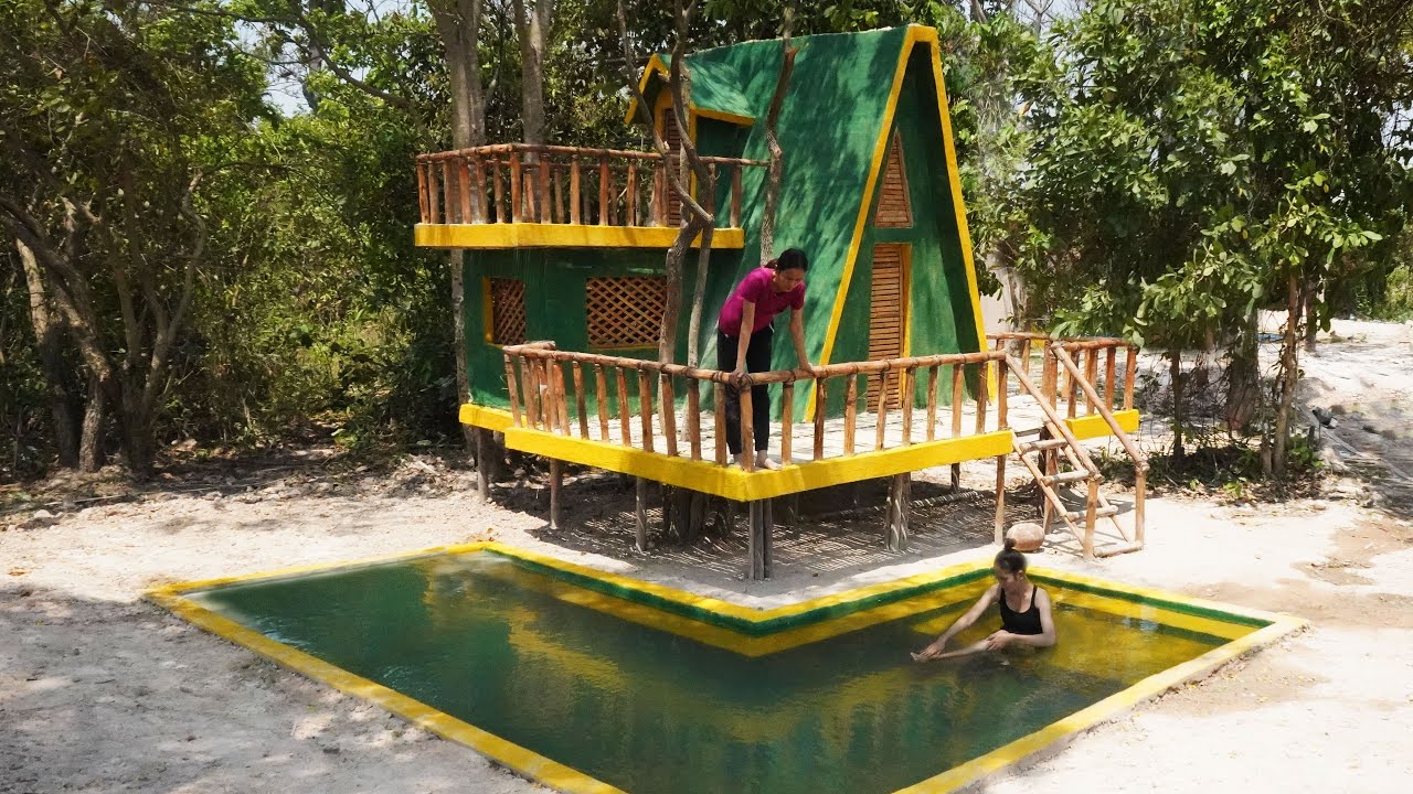 Build The House Survival using Bamboo & mud Wall, And Dig To Make Underground Swimming Pool Full