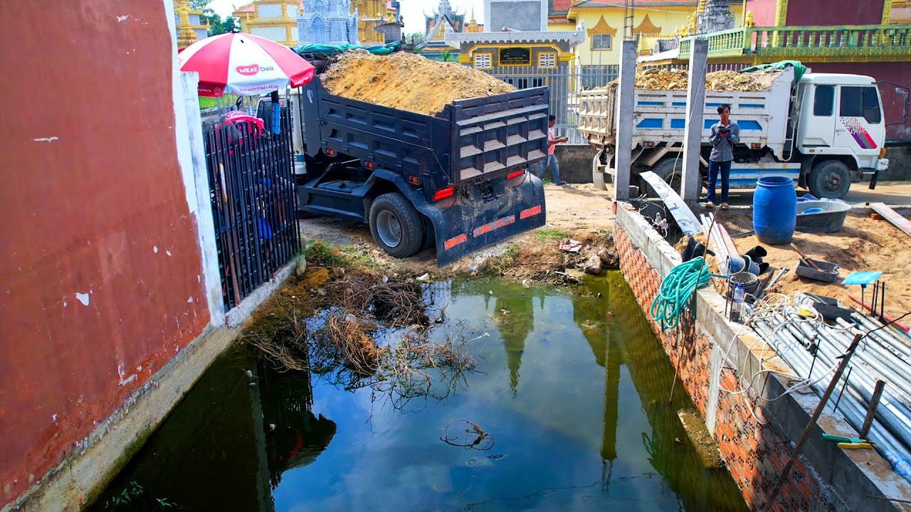 Firstly Start Up New Project!! Bulldozer Filling Land with Dump Truck Unloading soil delete flooded
