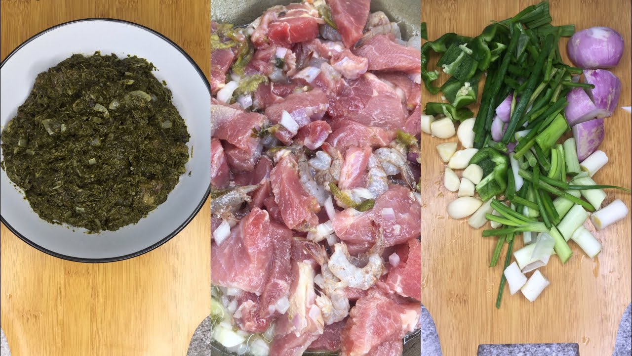 Feuille de manioc , Queue de Bœuf , viande a steak , crevette fraîche