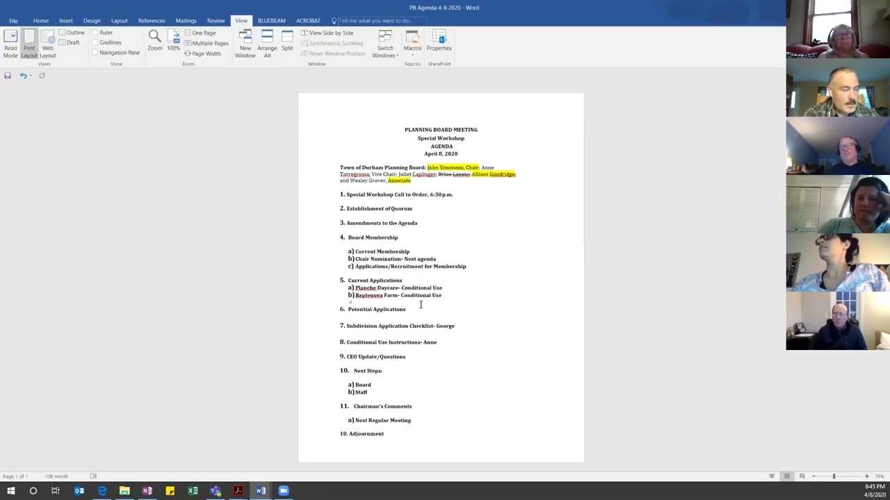 April 8, 2020 ~ Planning Board Workshop
