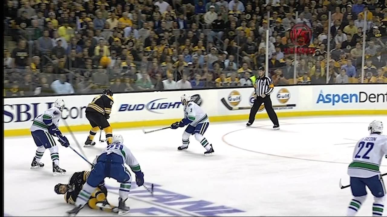 AARON ROME  late hit sends NATHAN HORTON  out on stretcher Bruins Vs. Cunucks Game 3