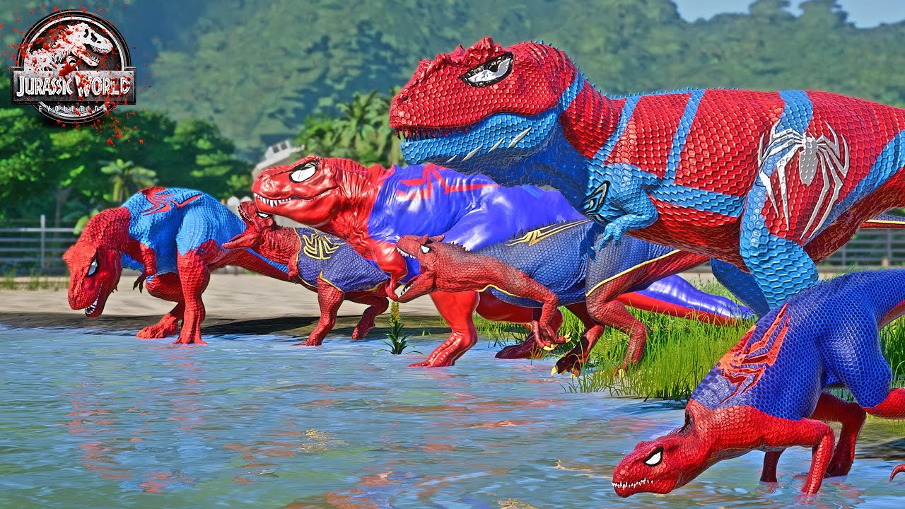 ALL RED SPIDER-MAN Battle in Jurassic World! | SuperHero Team!