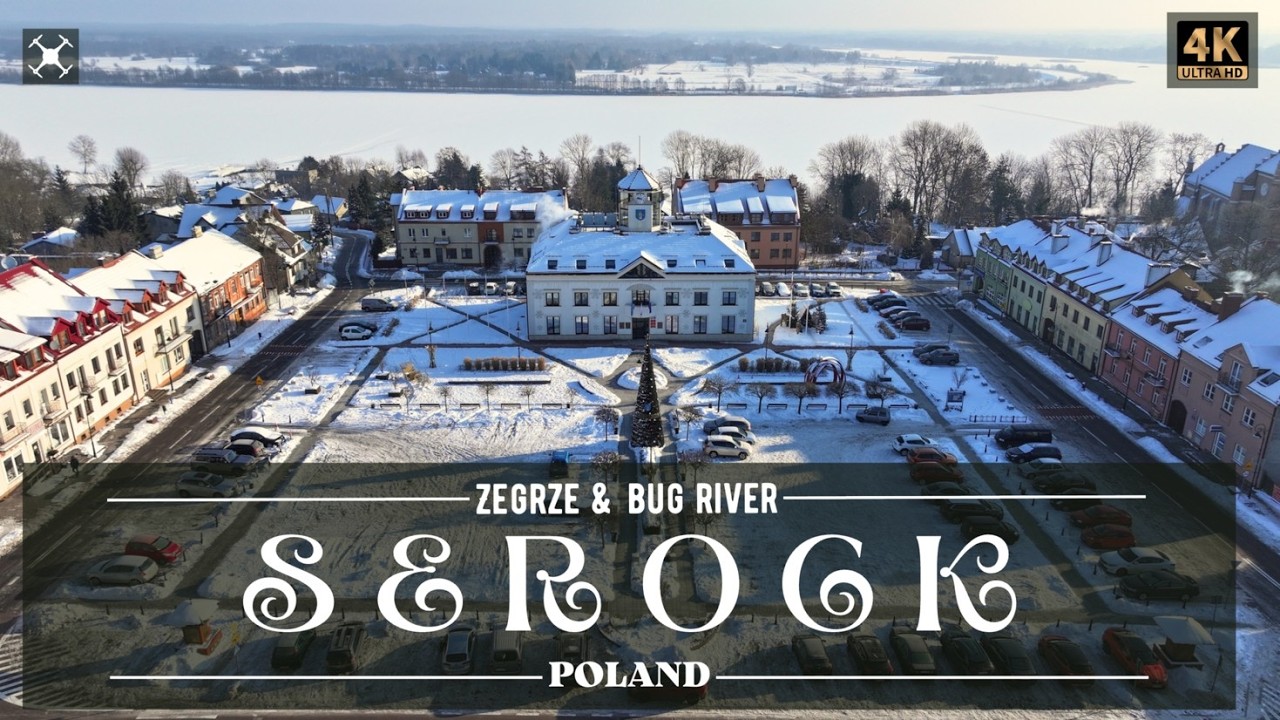 Serock zimą z lotu ptaka 4K &ndash; Zamarznięty Bug i Zalew Zegrzyński