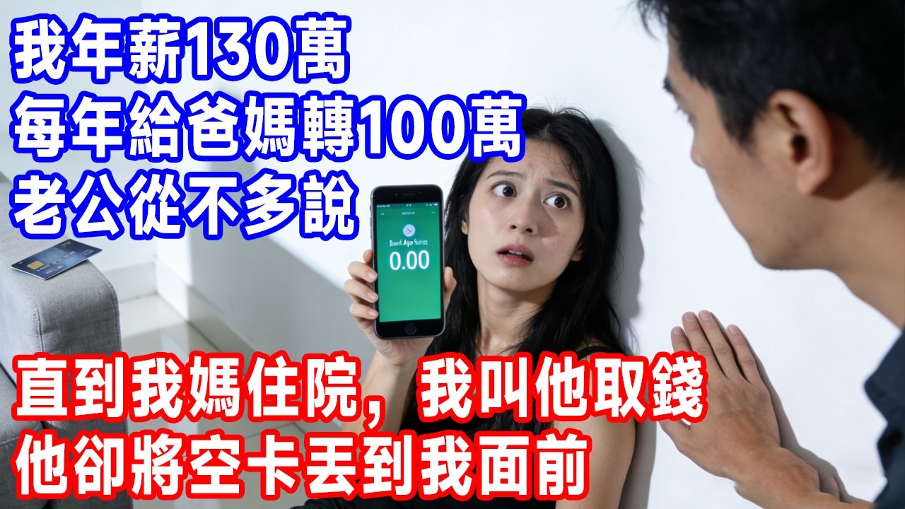 我年薪130萬，每年給爸媽轉100萬，老公從不多說。直到我媽住院，我叫他取錢，他卻將空卡丟到我面前：妳自己看余額！#生活經驗 #故事分享 #故事頻道 #人生感悟 #分享 #爽文 #打脸
