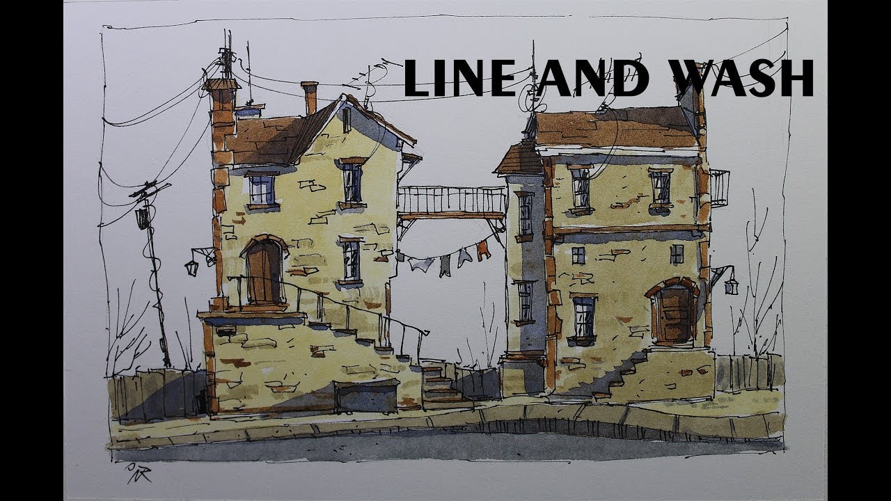 Line and wash two sisters houses,street scene in watercolor by Nil Rocha