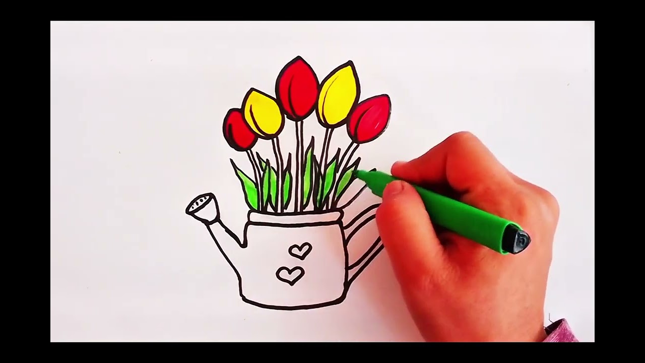 How to Draw Tulips in a Watering Can 🌷 | Tulpen Zeichnen Schritt für Schritt für Kinder