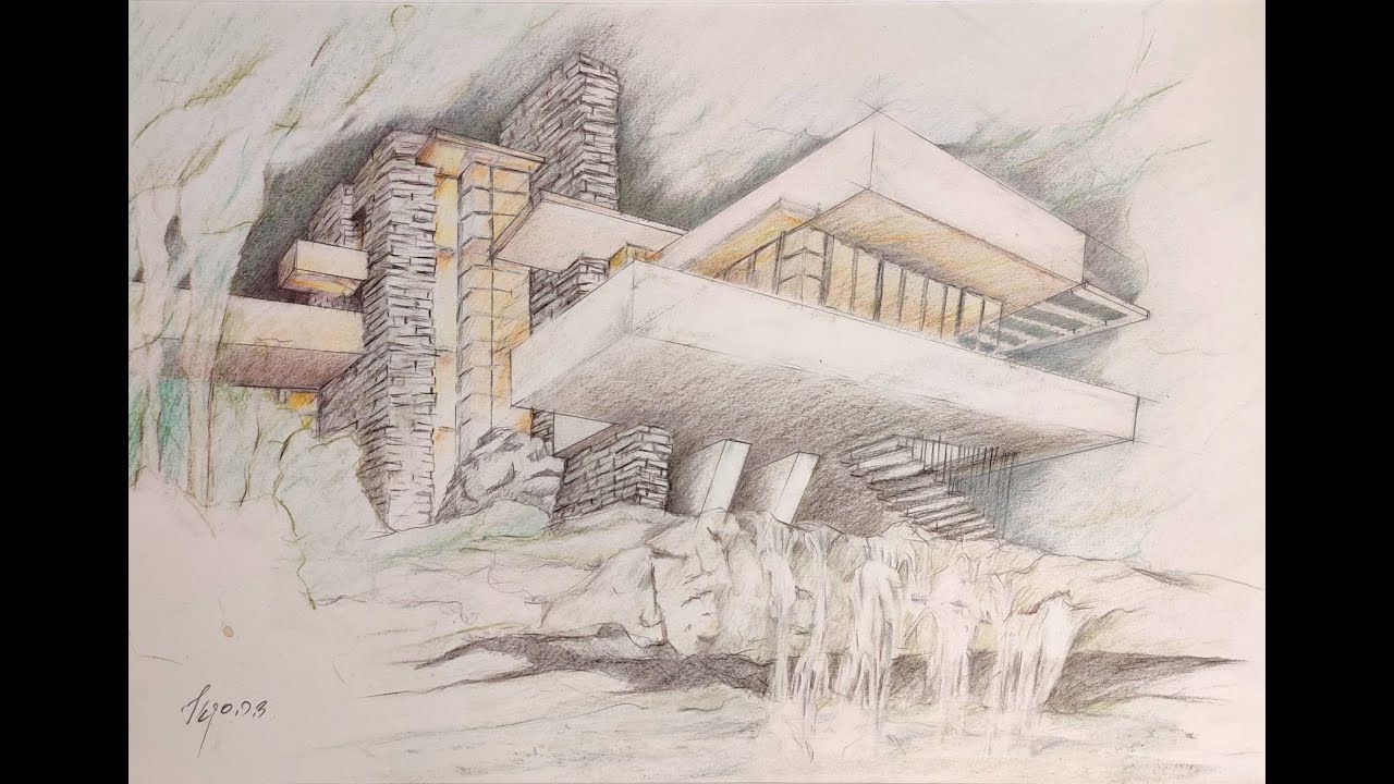 Drawing by arch'  D.C.Scaly - the Fallingwater house designed by Frank Lloyd Wright