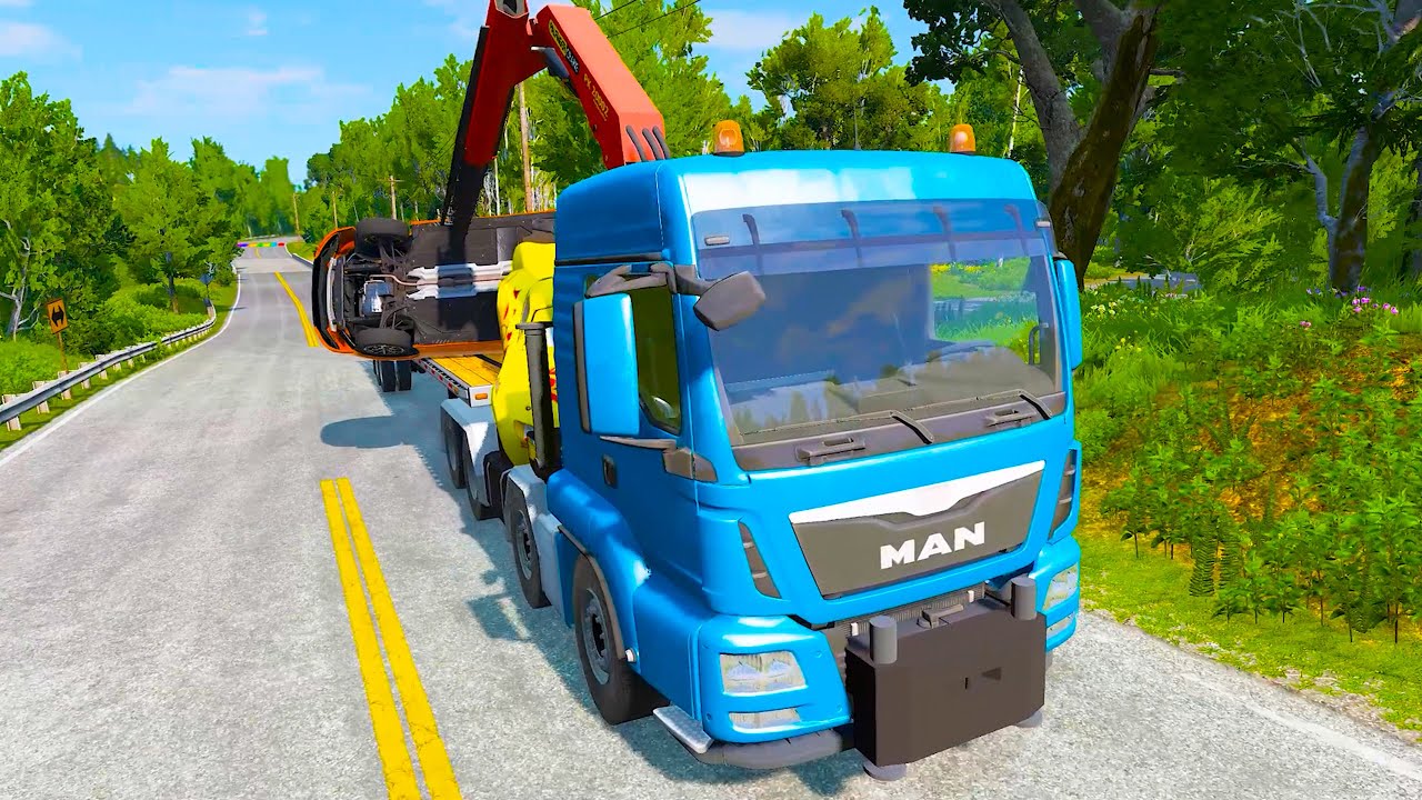 Heavy Recovery Operation on Mountain Road – BeamNG Drive Vehicle Crane Test