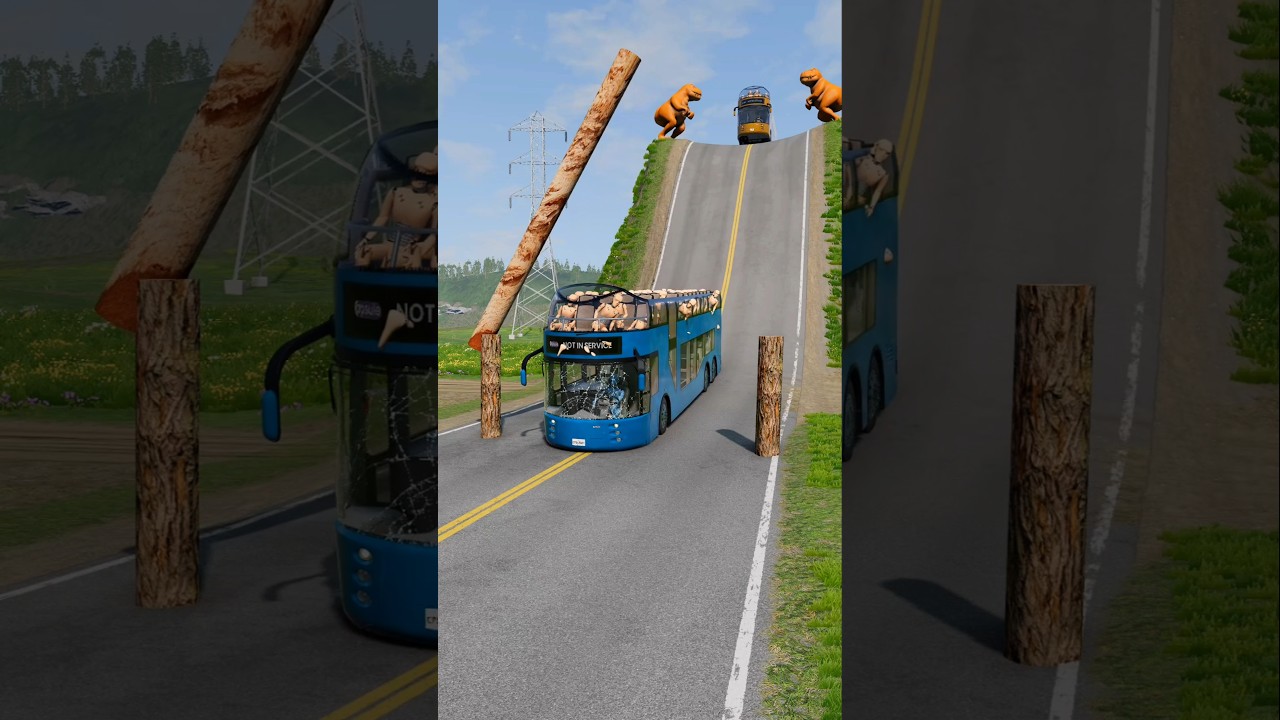 Mixed Colour Capsule Buses vs Automatic Log Barrier Trap - BeamNG.drive #shorts