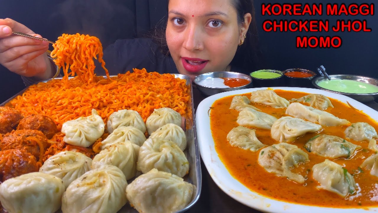 Eating Spicy 🔥 Korean Maggi Ramen, Chicken Jhol Momo, Tandoori Momo, Veg Momo | Noodles With Momo