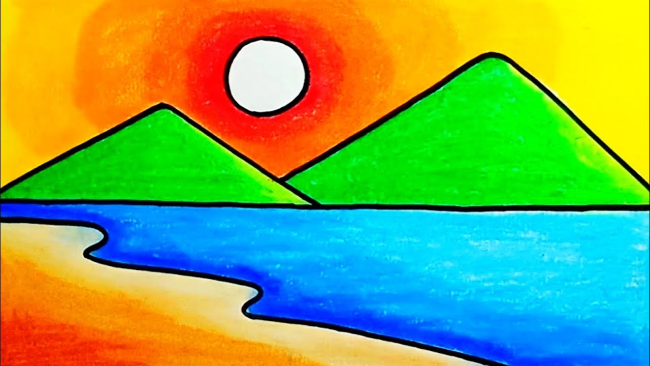 How To Draw Easy Scenery |How To Draw Beach Sunset And Mountain Scenery With Oil Pastels For Kids