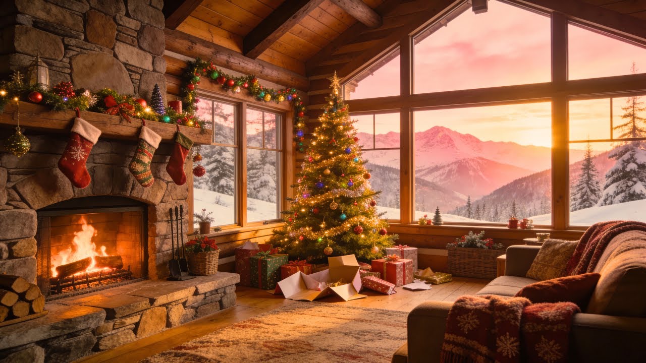 Christmas Morning in Cozy Cabin 🎄 Sunrise & Fireplace ☀️ Peaceful Holiday Morning Ambience