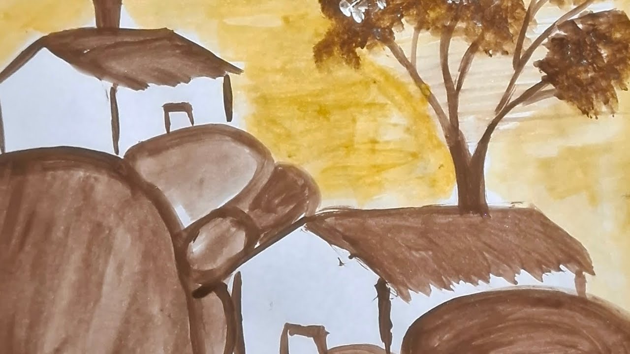 Brown Huts on rock and trees 🌳 🛖 #painting #viralvideo 