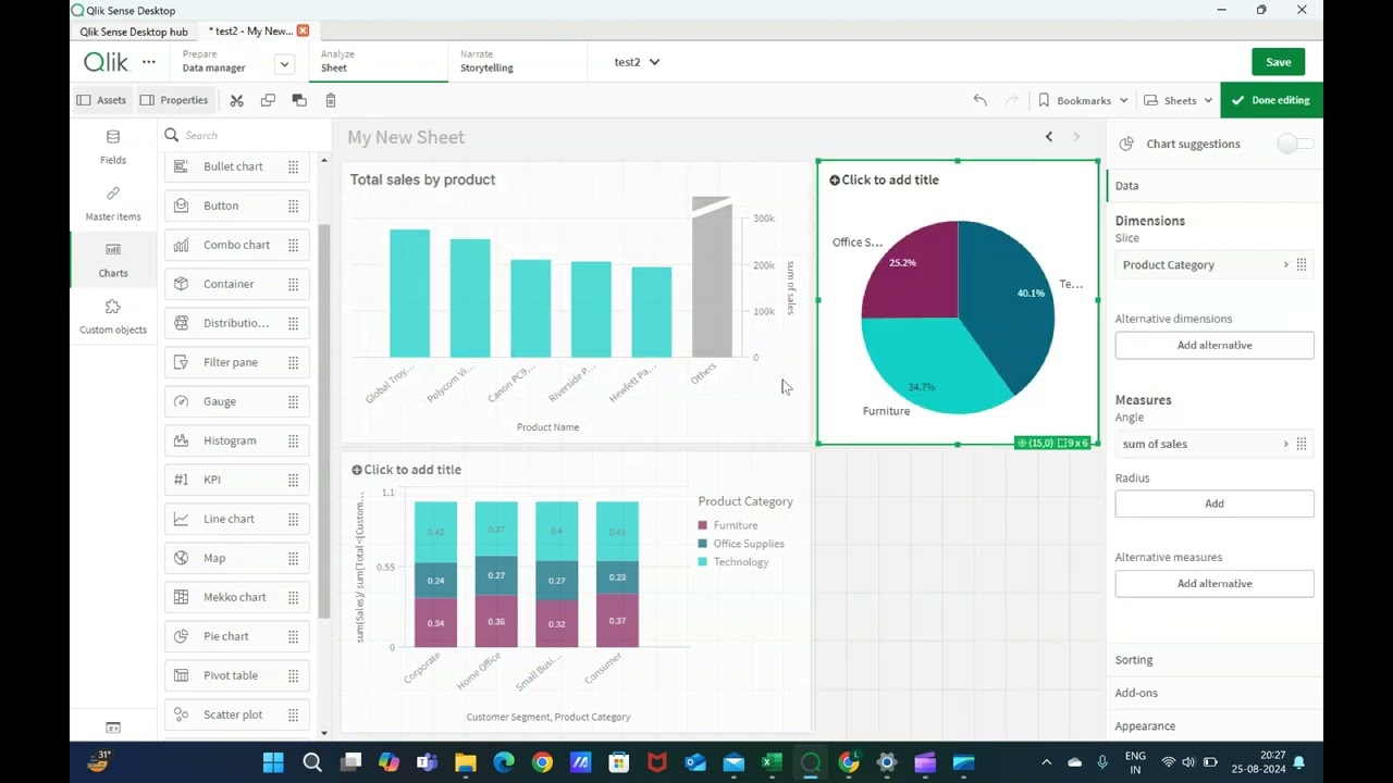 Lesson 7 Qlik Sense Qlik Sense Pie Chart, Stack bar chart , 100% stack bar chart