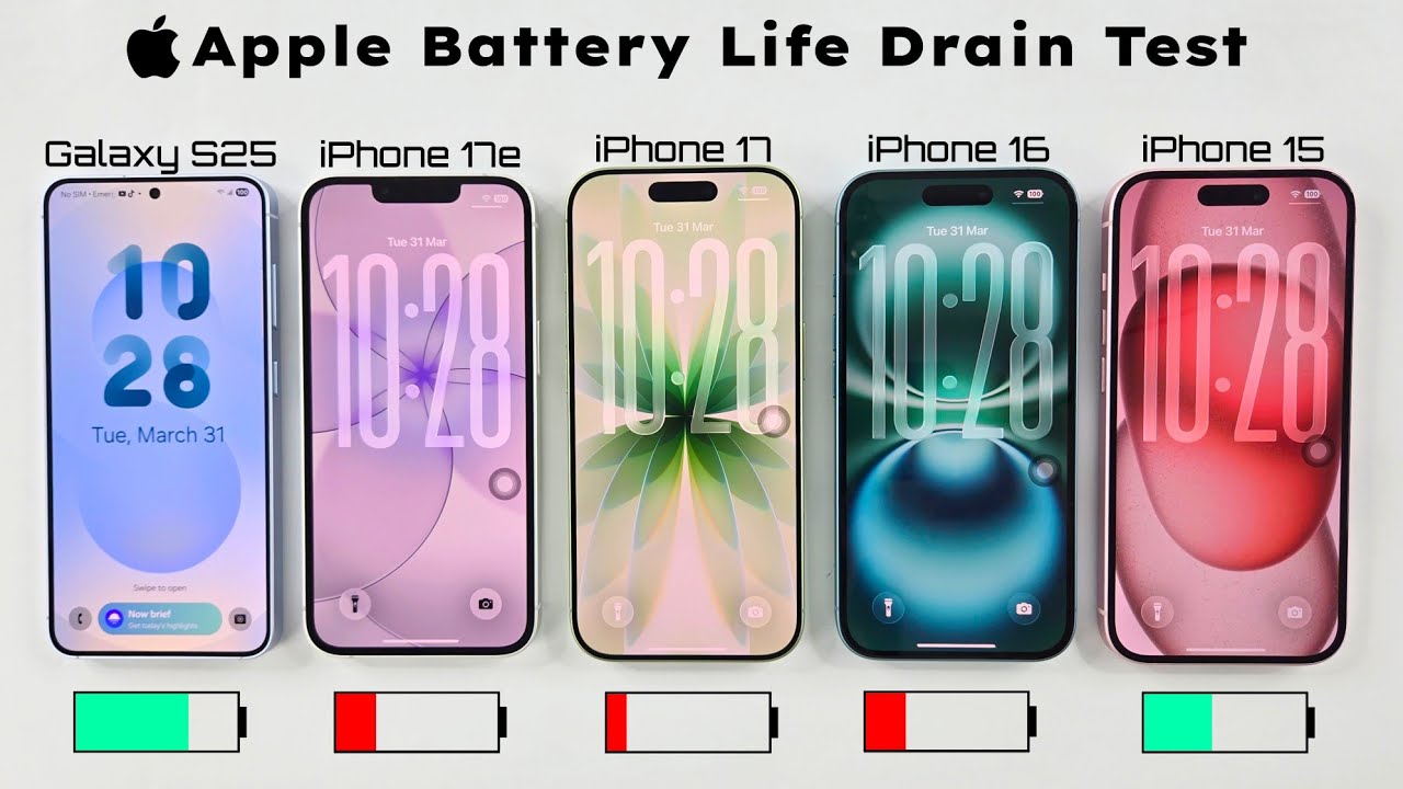 iPhone 17e vs Samsung S25 vs 17 vs 16 vs 15 - Battery Drain Test 