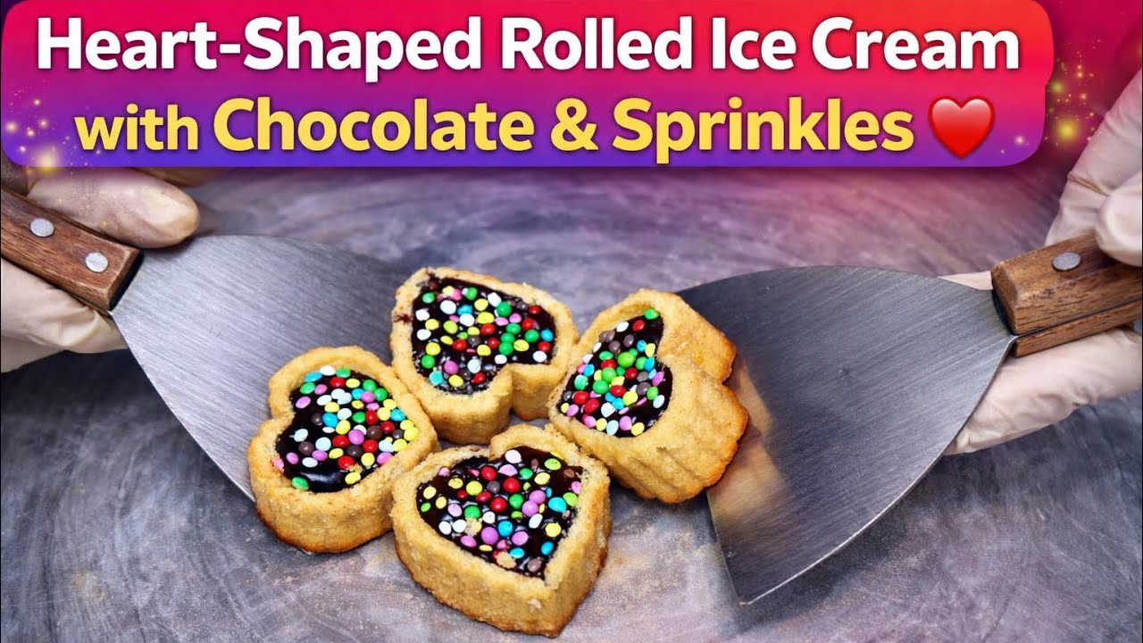 Heart-Shaped Rolled Ice Cream with Chocolate & Sprinkles ❤️