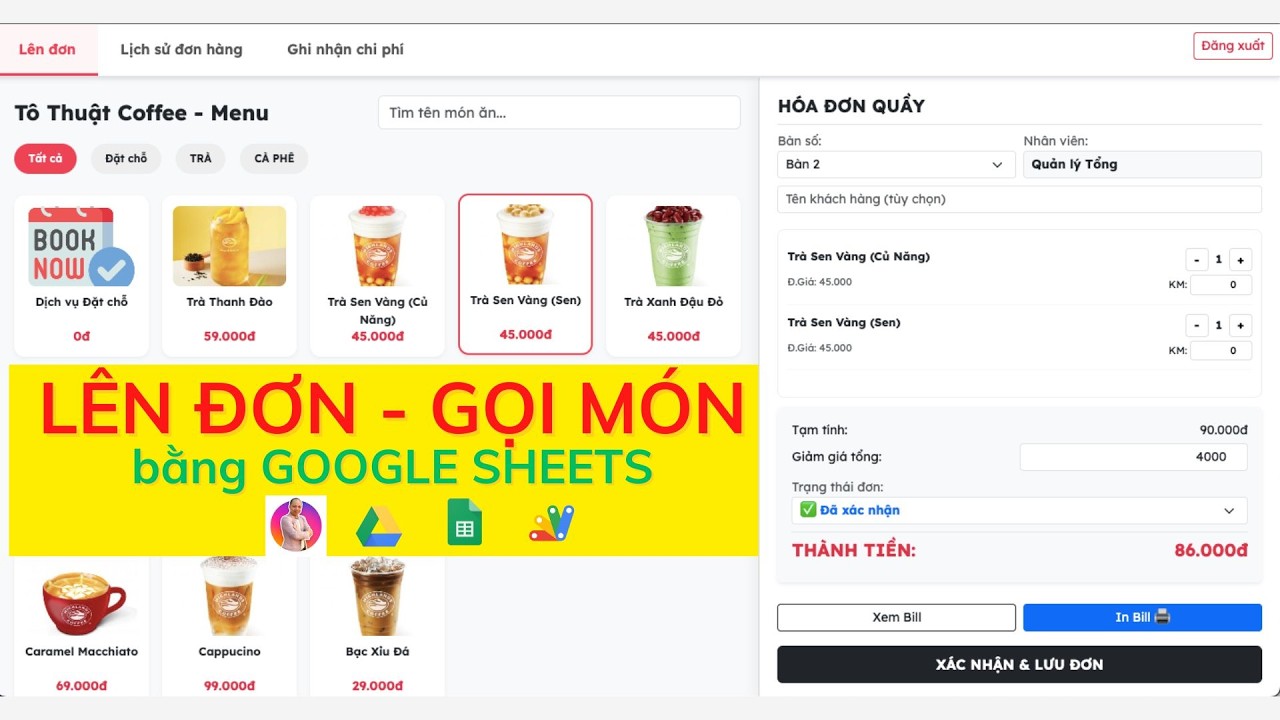 Lên đơn - Gọi món cho Quán - Nhà hàng bằng Google Sheets | Gsheet Tô Thuật