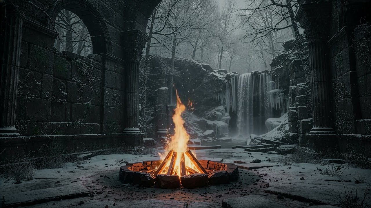 Silent Ruins Sanctuary ❄️🔥 Winter Fire & Waterfall Ambience for Deep Sleep