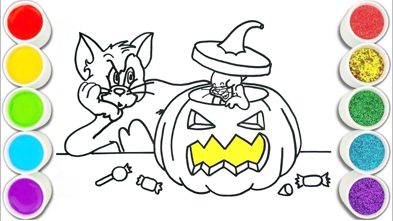 Tom and Jerry. Happy Halloween Painting and Coloring for Kids, Toddlers Easy Drawing