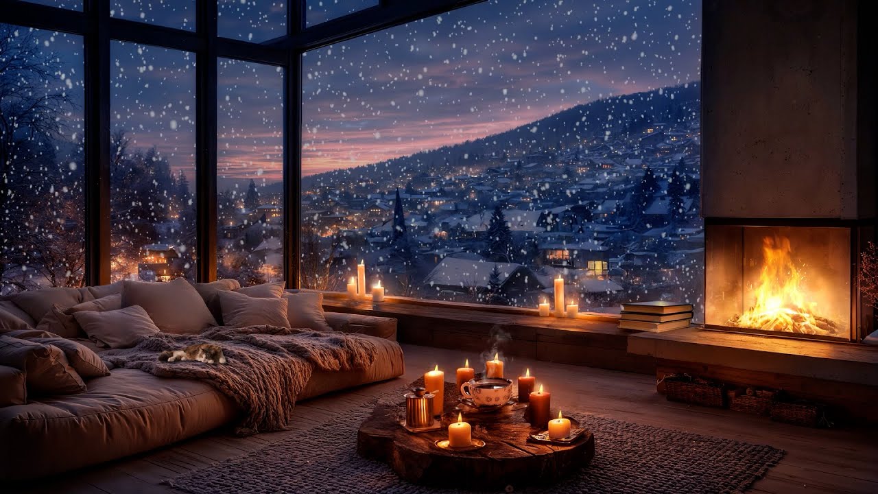 Cozy Winter Ambience 🔥 Fireplace & Snowfall Sounds with Relaxing Piano for Deep Work & Sleep