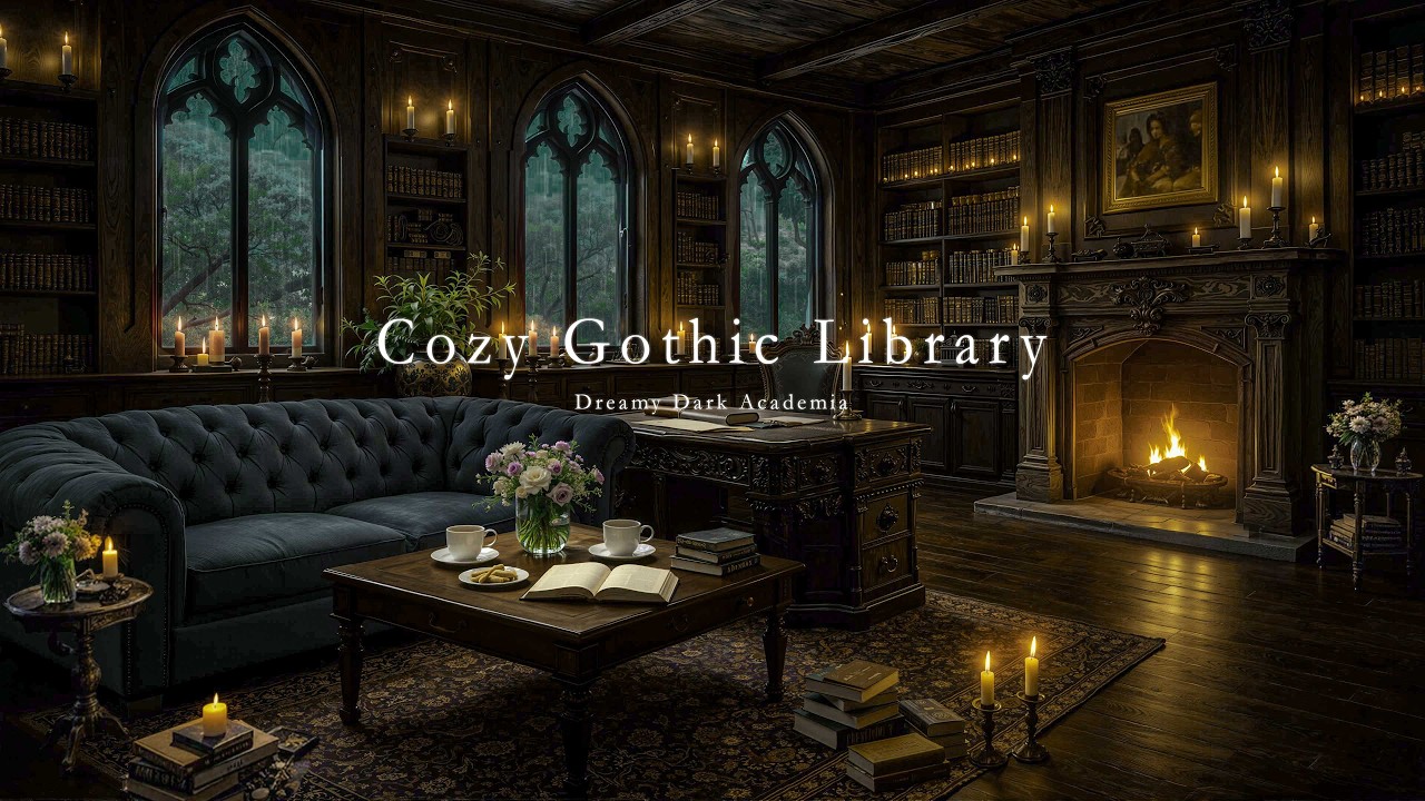 Quiet Reading in an Old Gothic Library During Spring Rain 🌧️ Dark Academia Music for Study Focus
