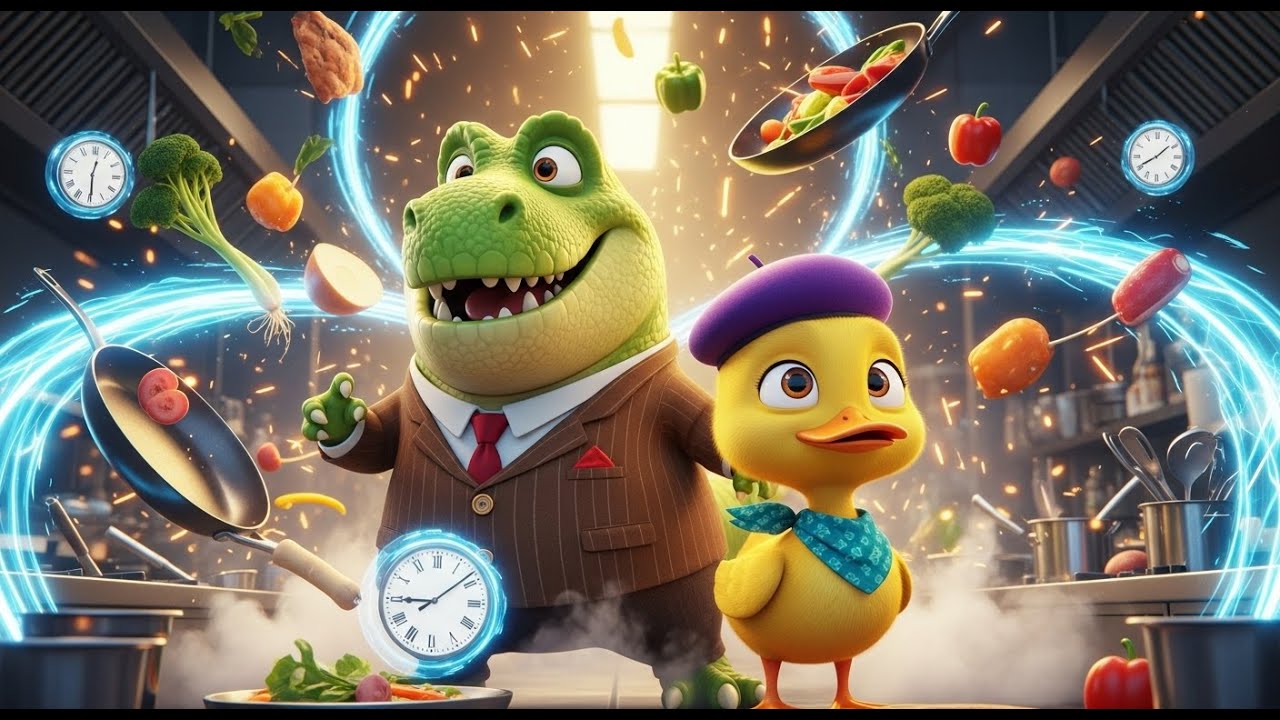 A Time-Traveling Dinosaur Learns to Cook — Causing Chaos in the Kitchen for a Cooking Competition