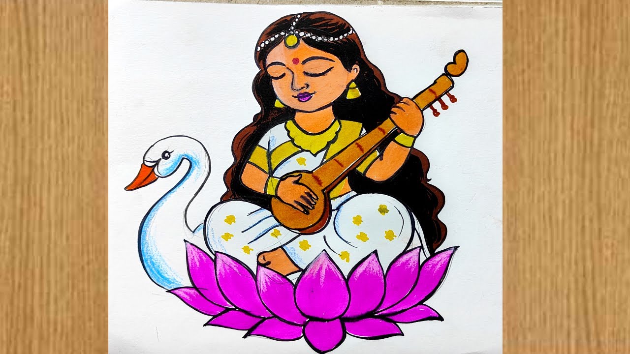 how to draw saraswati devi,maa saraswati ful figer with bina drawing,basant panchami drawing,