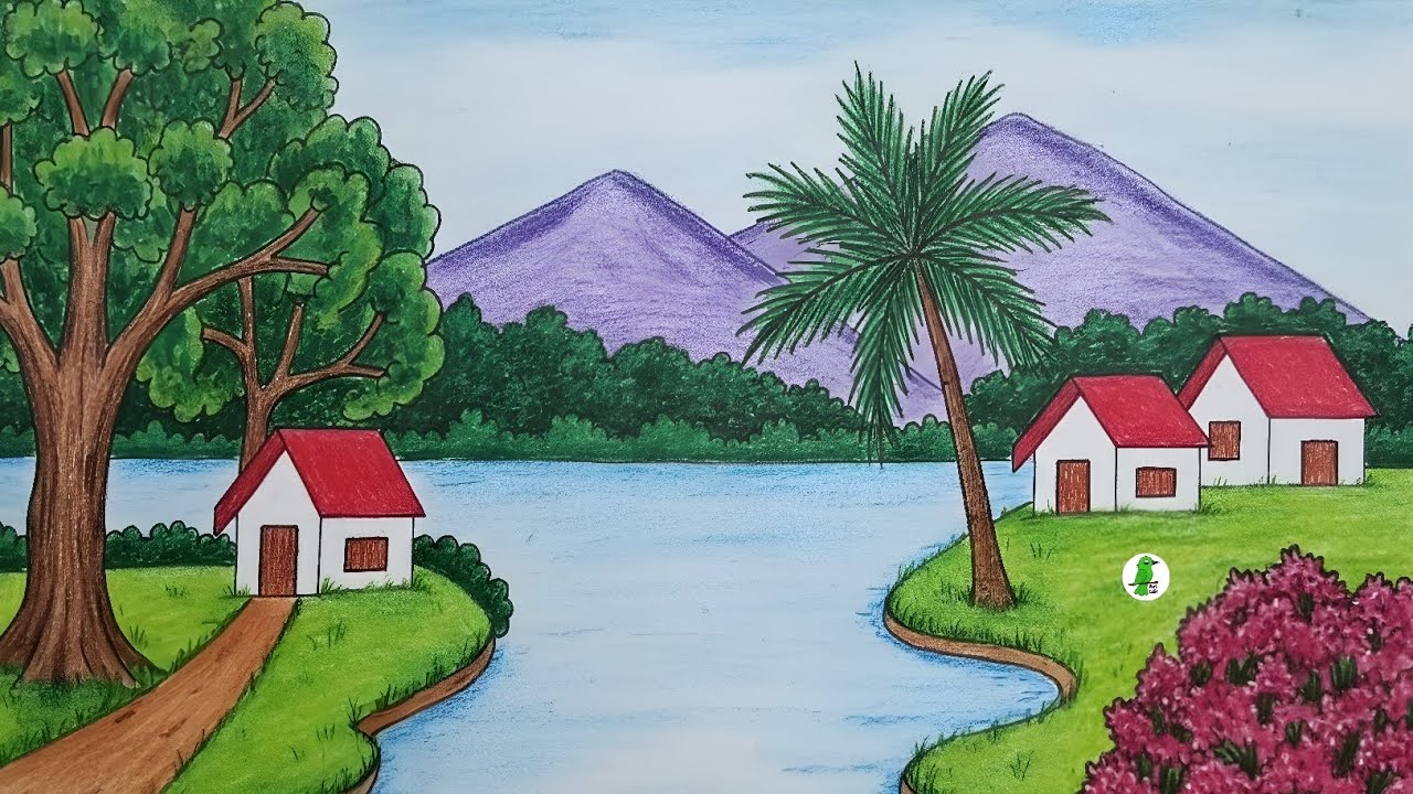 How to Draw a Beautiful Nature Scenery with River and Mountains Step by Step