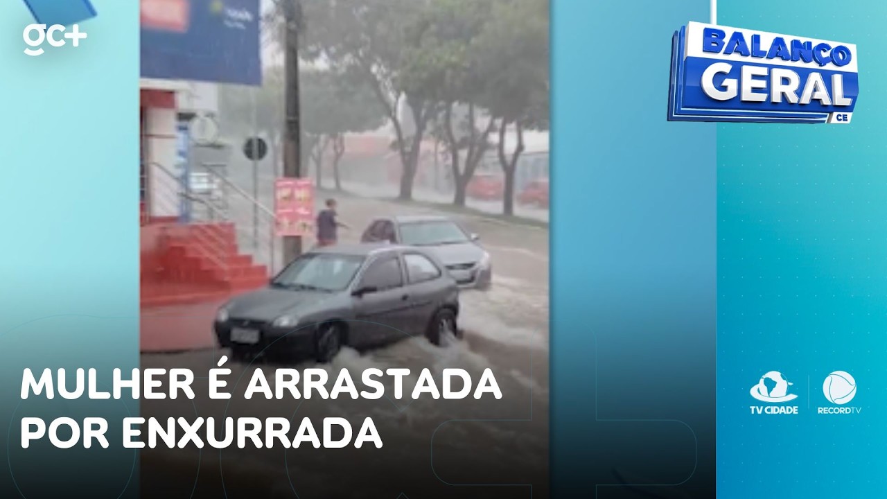 Mulher arrastada por enxurrada vai parar debaixo de carro | Balanço Geral CE