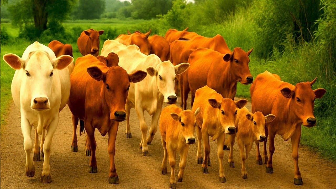 Puluhan sapi lembu jinak di desa bergerombolan keluar dari kandang berjalan menuju ladang pegunungan