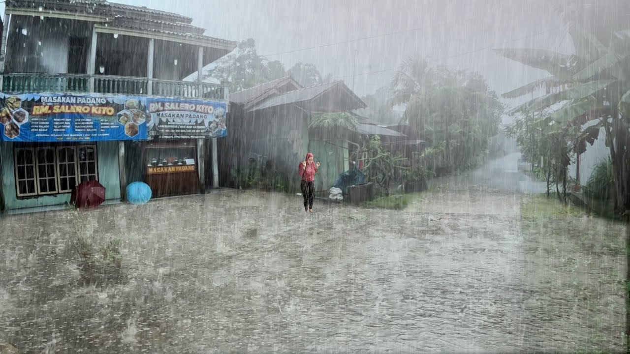 Walking Under Heavy Rain and Thunderstorm with Strong Wind in Quiet Village ASMR 4K Video 120