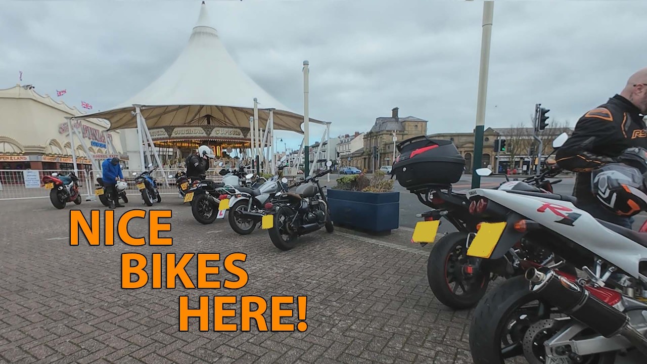Bikers about at Southport carousel with Sanjay and Tony. Chequerbent roundabout to Southport.