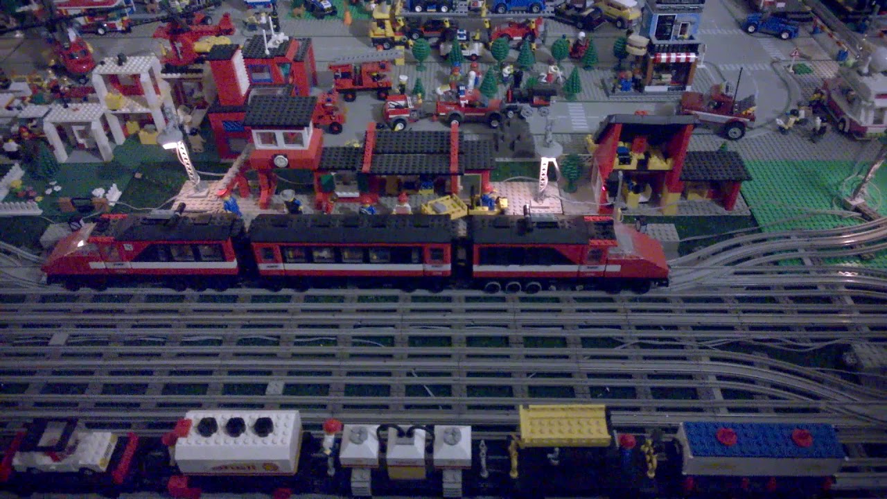 Some vintage Lego 12v trains on a layout