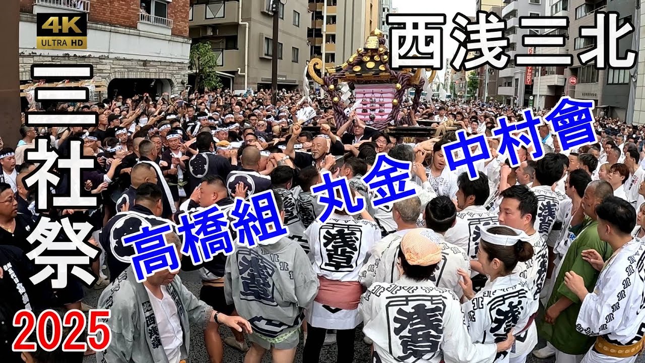 【三社祭2025】本社 三之宮神輿 西浅三北 激突！高橋組、丸金、中村會による迫力MAX神輿バトル！ド迫力！