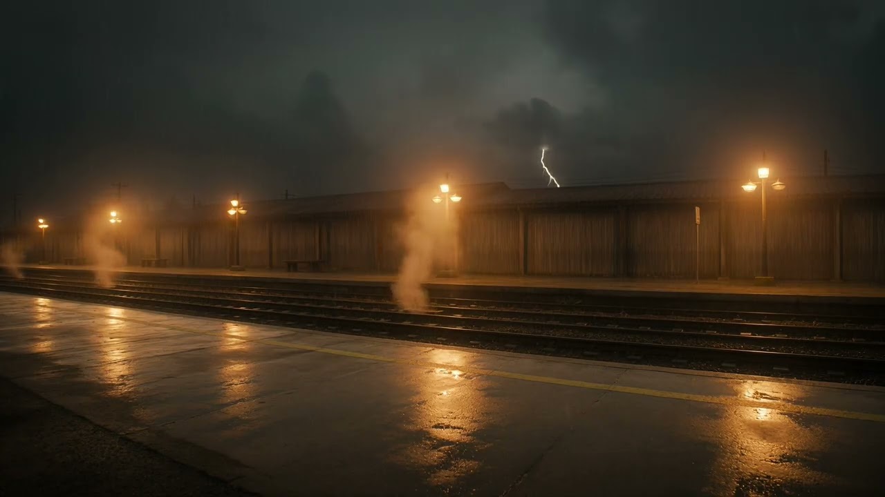 1970s Train Station Platform &ndash; Night Rain | Cinematic Vintage Atmosphere & Moody Ambience