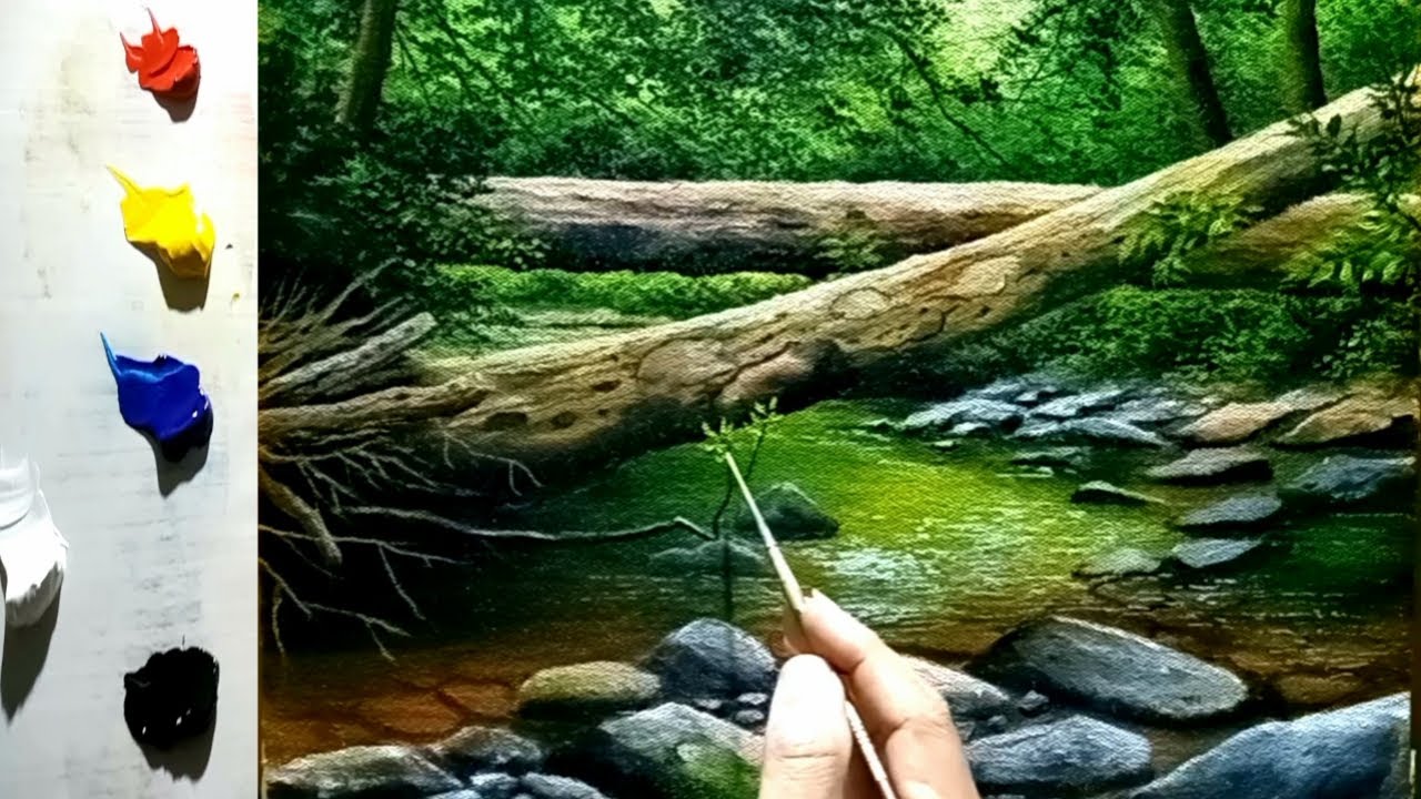 river scenery painting ❗melukis sungai dan pohon roboh ❗ acrylic painting