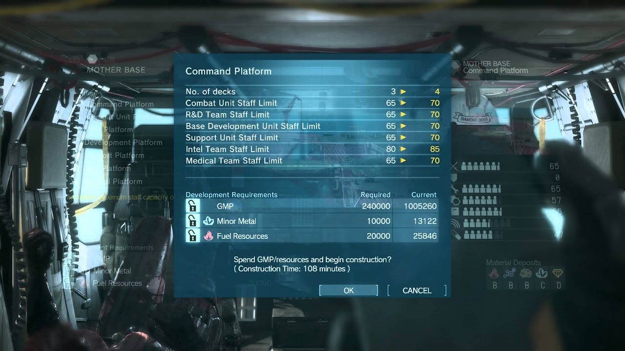 Metal Gear Solid V - Mother Base Facilities: Command Platform +3, Support Platform +2 Developed