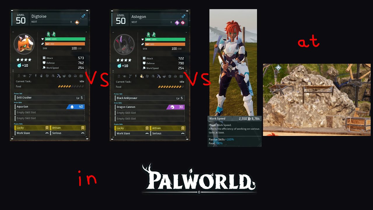 [Palworld v0.2] Ore Mining Site Work Speed Comparison: Digtoise, Astegon, Player