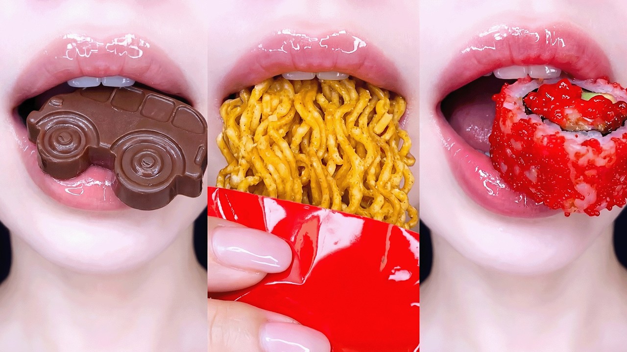 ASMR LIPS Satisfying Eating Emoji Jelly Chocolate Sushi Food Challenge Mukbang Sound (No Talking)