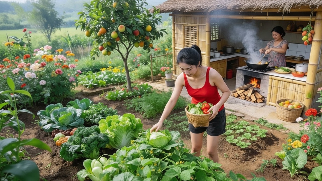 Peaceful Country Life: Gardening, Harvesting from the Garden, and Cooking a Warm Family Meal