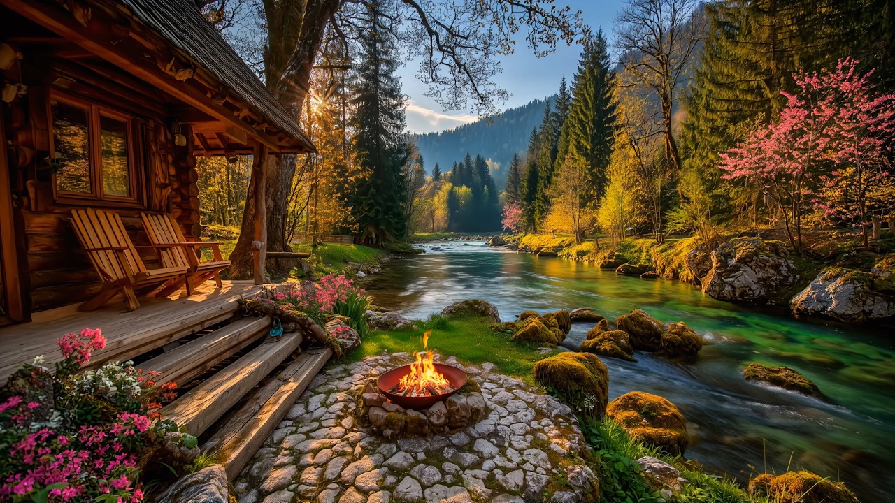 The Sound of Spring by the River 🌿 Cozy Cabin, Campfire & Nature Sounds