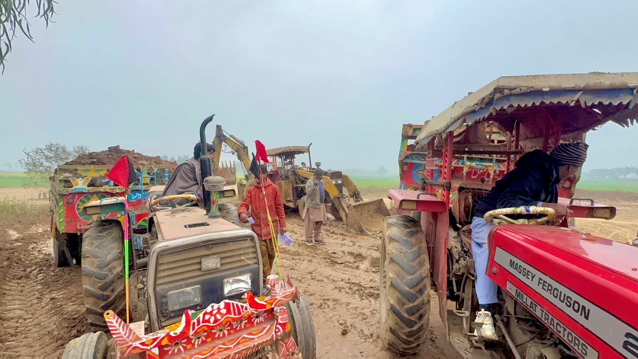 Massey Ferguson 260&385tractor trolley vedio with loading mud|Excavator Digging machine 