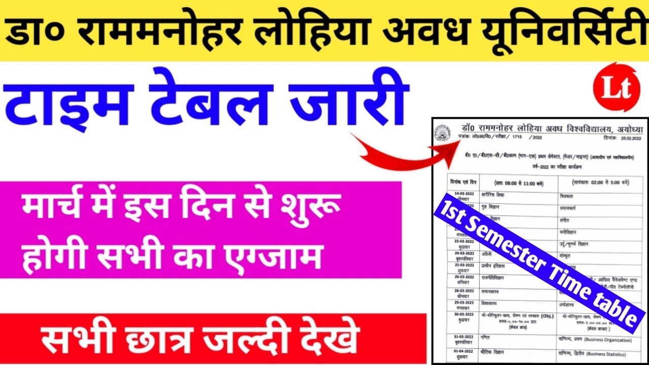 rmlau time table 2022|rmlau exam date 2022|rmlau ug 1st semester time table 2022|rmlau news today||