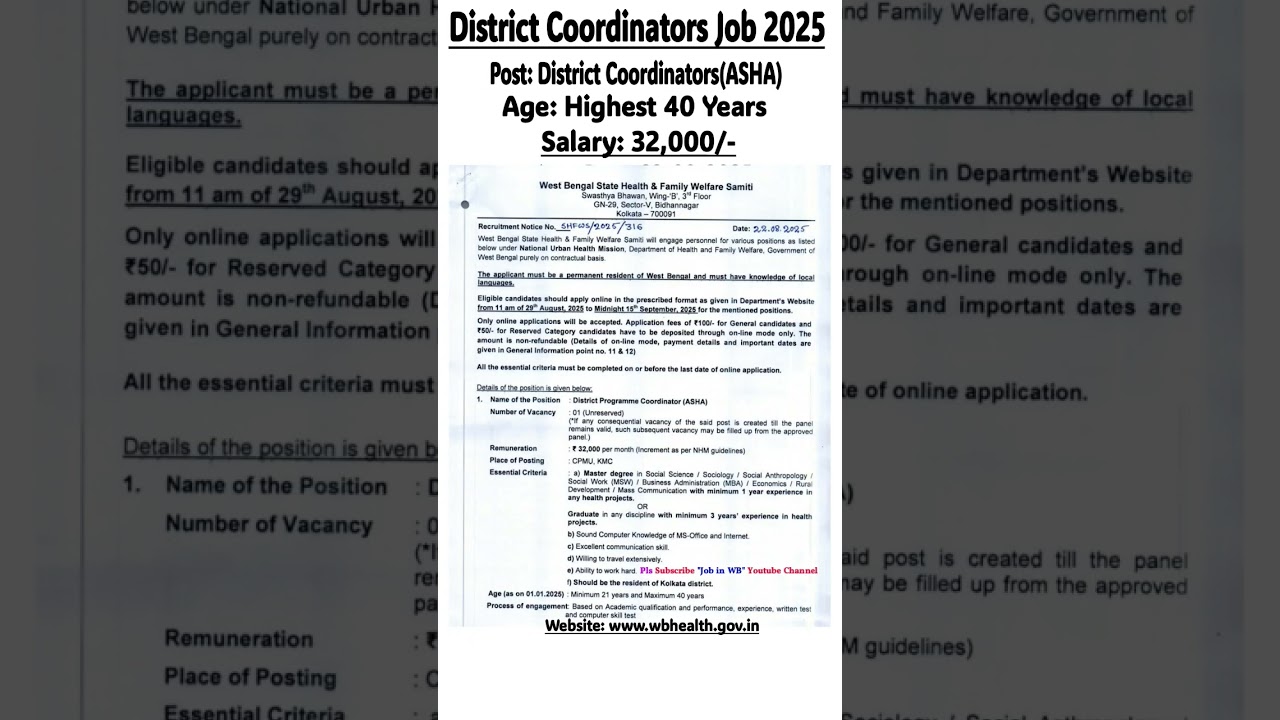 District Coordinators Job 2025 | New job Search | Today West Bengal Government jobs Vacencies
