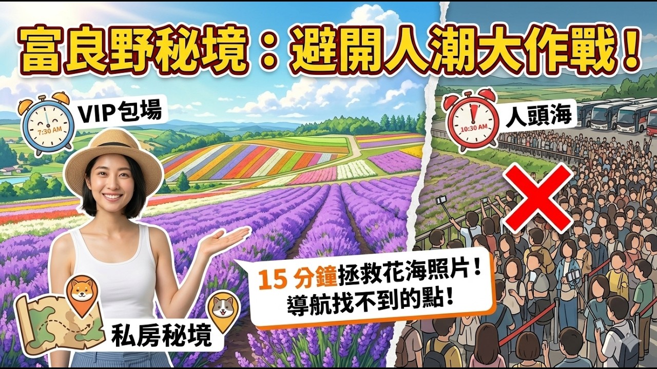 北海道自助遊：出發前必看的 10 個保命與省錢秘笈, 第二集 : 夏天去北海道拍到全是人？😱 內行人才懂的「VIP包場」時段與避開遊覽車秘訣！#北海道自駕 #富良野薰衣草 #美瑛景點 #小郁遊日本