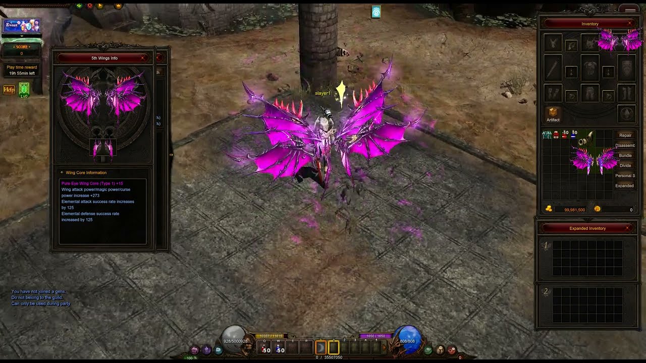Wings of Eyes (Lilac) 5th Slayer + Wing Core in Mu Online S20