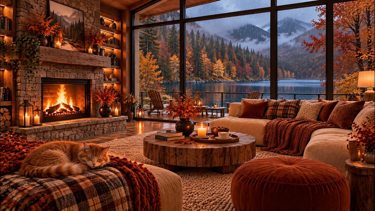 Warm & Smooth Jazz on a Rainy Autumn Porch 🍂☕ Fireplace Jazz for Study, Rest & Quiet Relaxation
