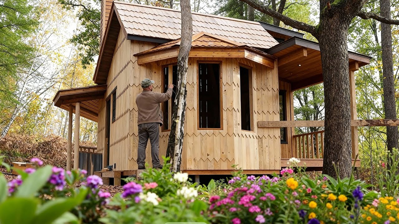 Man Builds a Wooden House in the Forest Using Simple Tools