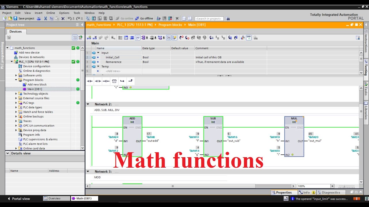TIA Portal math functions (MOD, ABS, MIN, MAX, LIMIT, NEG, INC, DEC, ADD, SUB, MUL, DIV etc.)