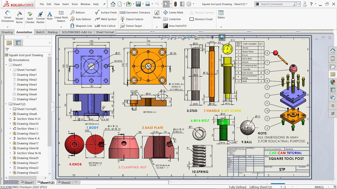 SolidWorks Assembly Drawing of Square Tool Post